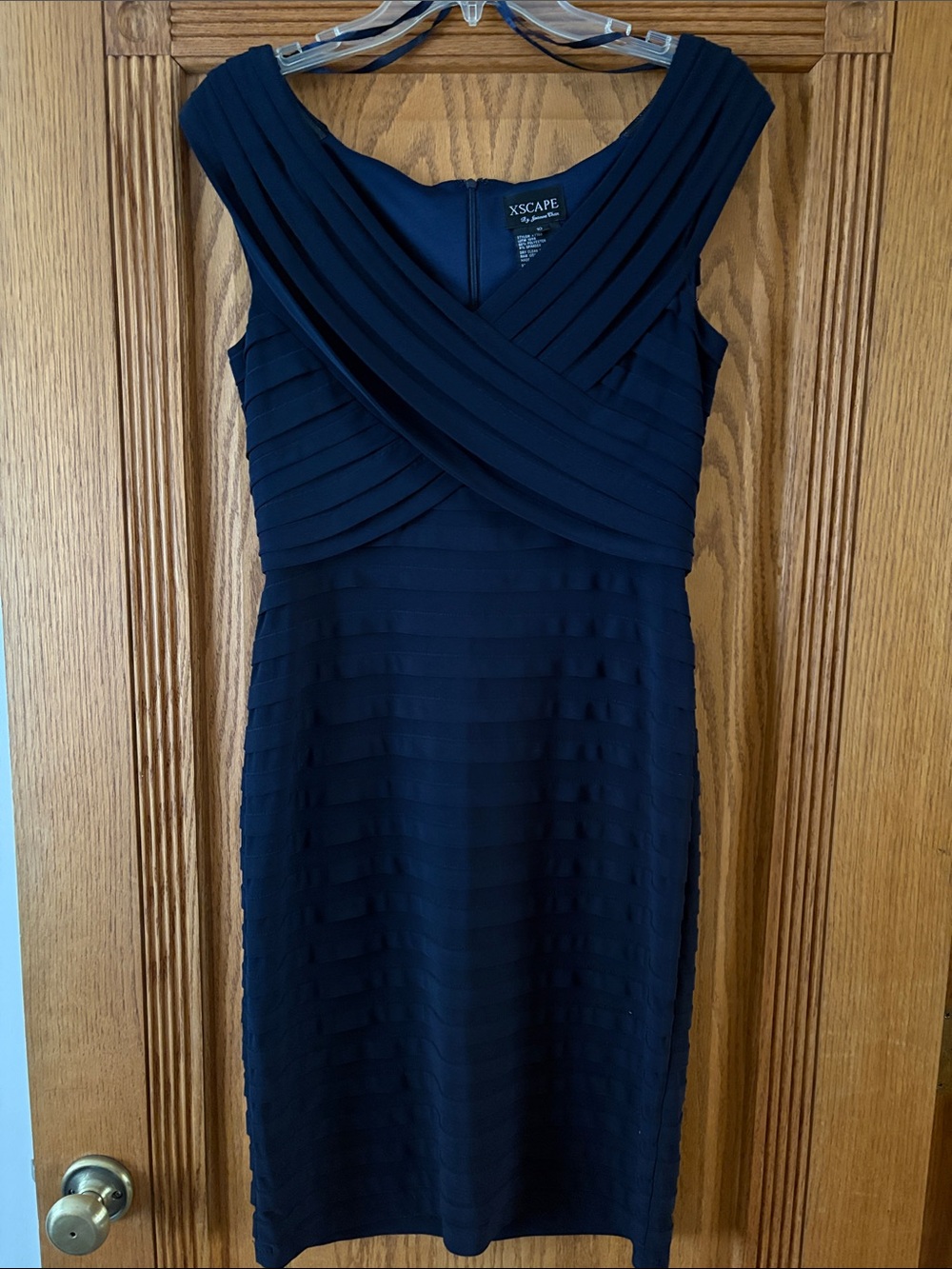 Xscape Navy Textured V-Neck Midi Dress